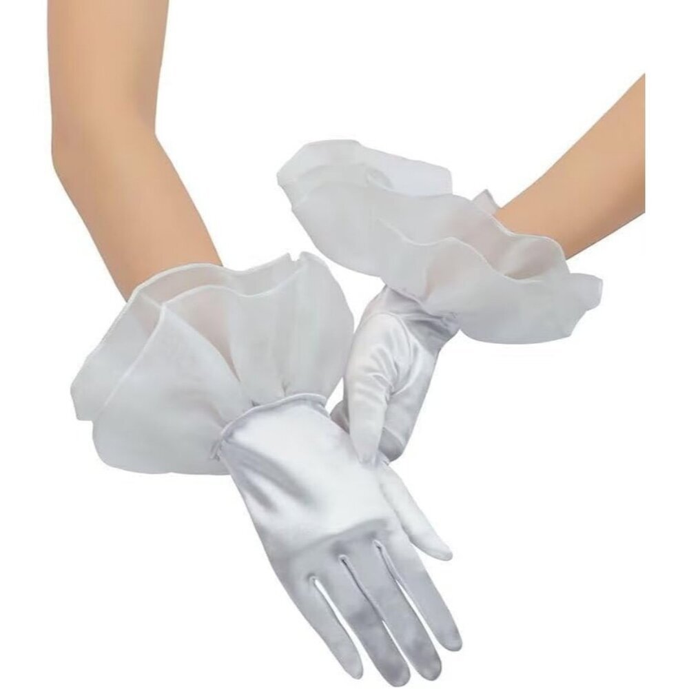 Women's Ruffled Evening Fuchsia Short Satin Formal Gloves Costume Accessories - Picture 3 of 6